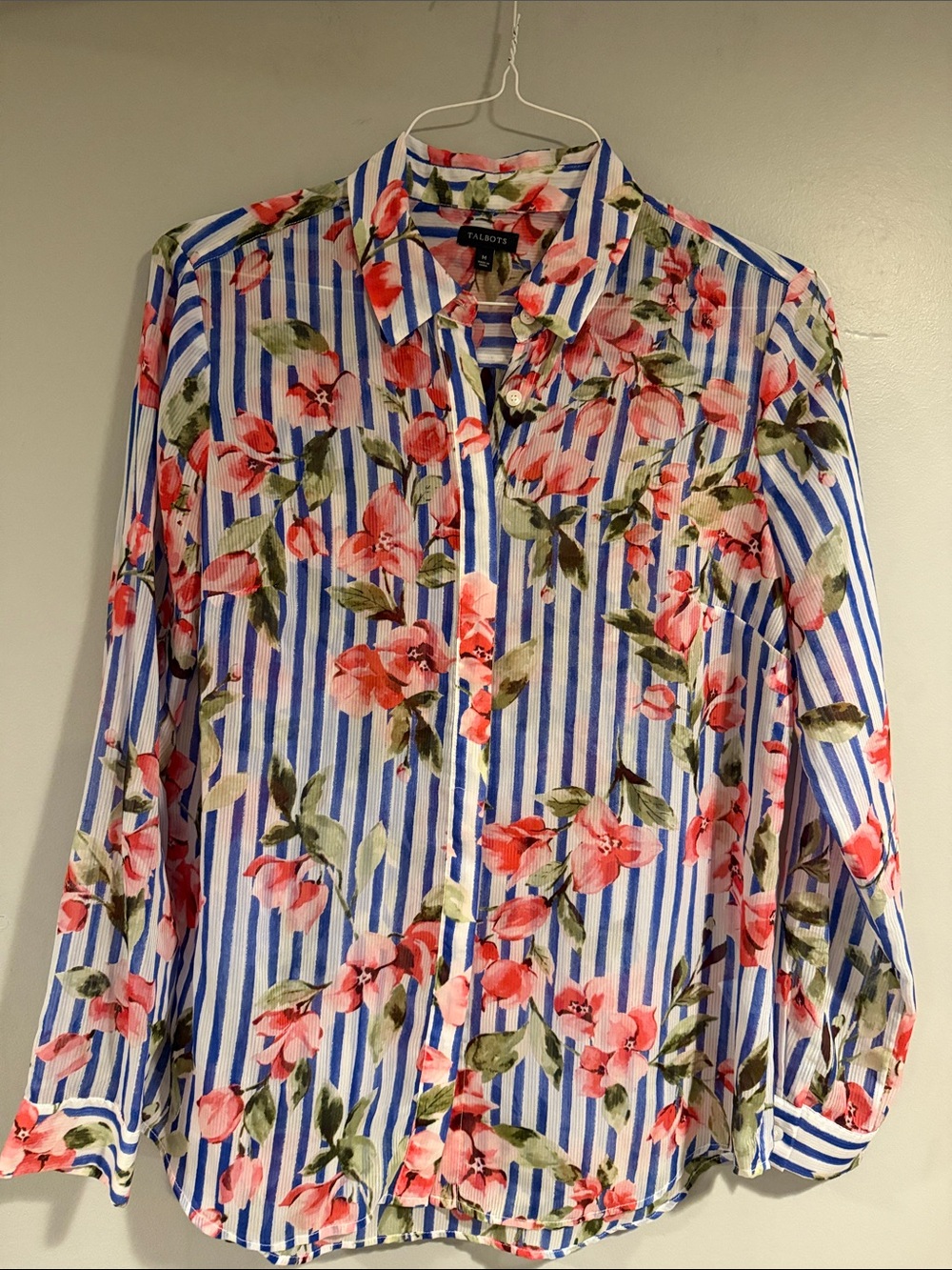Talbots Blue & White Striped Floral Shirt with Pink Blossoms